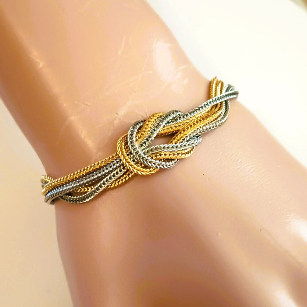 Capri Two-Tone Love Knot Bracelet 7" Gold Silver Tone 4-Strand Herringbone